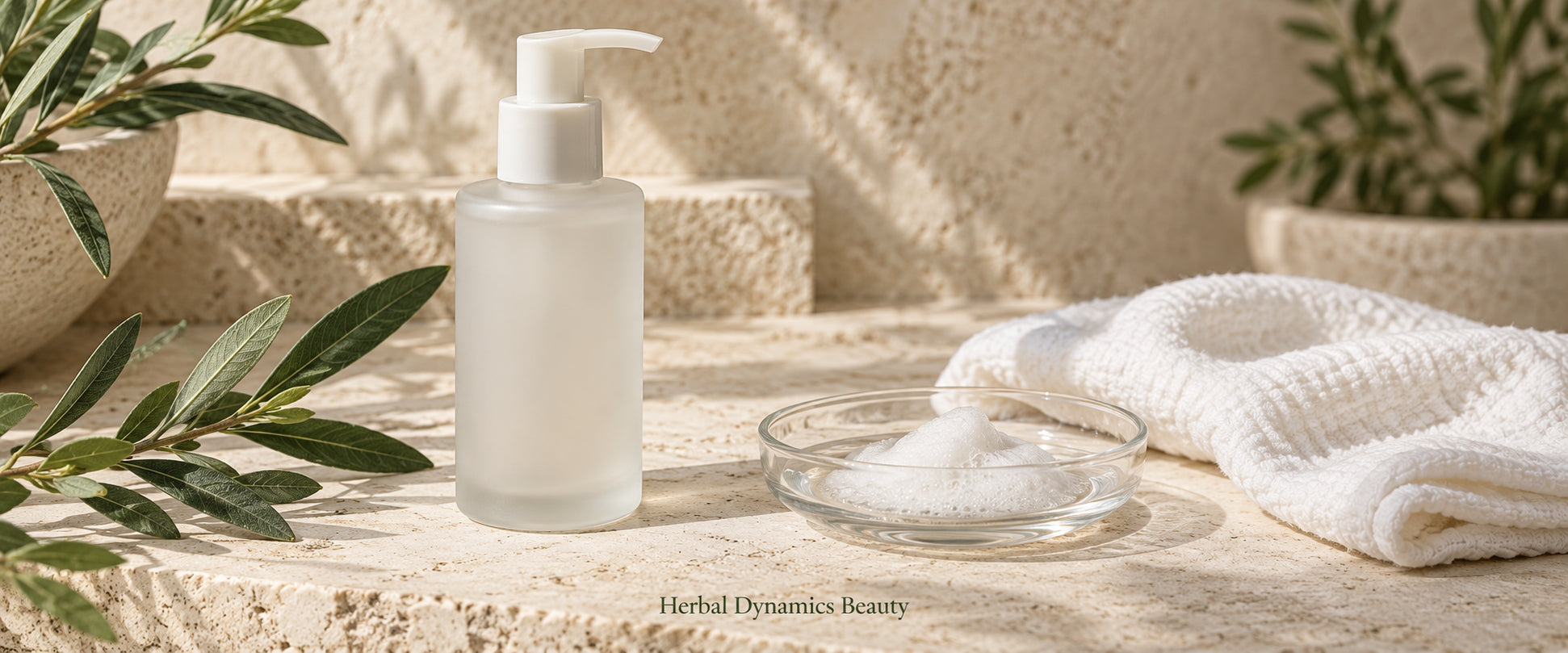 Illustrative cleanser bottle, foam and a soft towel for a guide to cleansing acne-prone skin