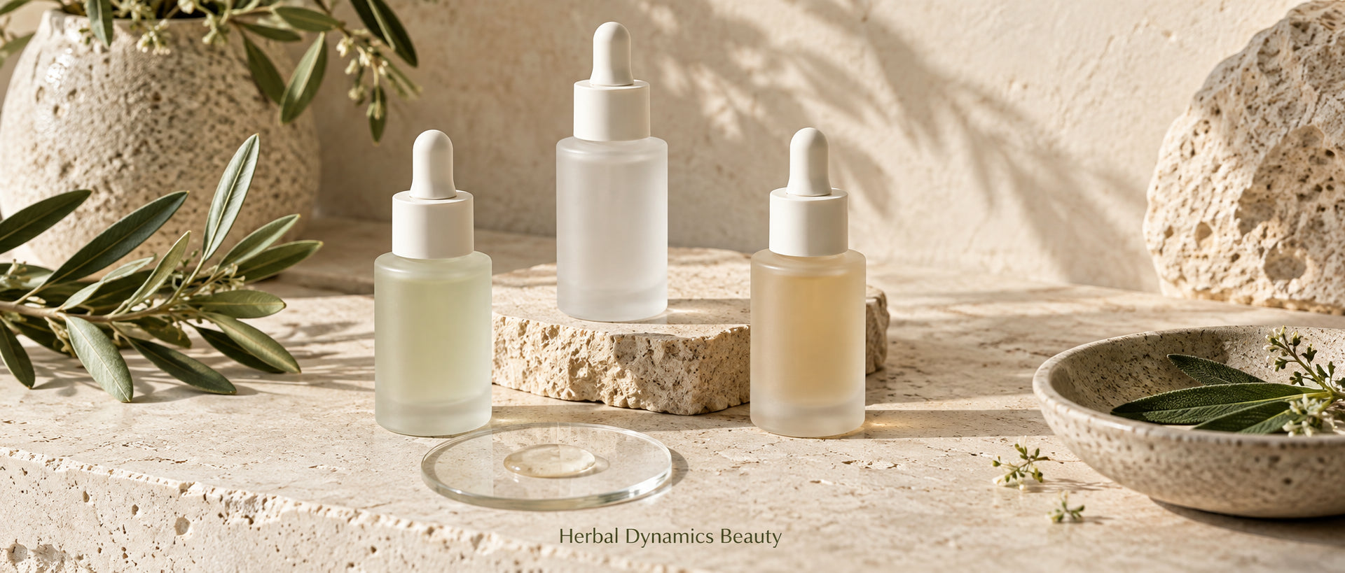 Three illustrative serum bottles and a gel texture for a guide to serums for acne-prone skin