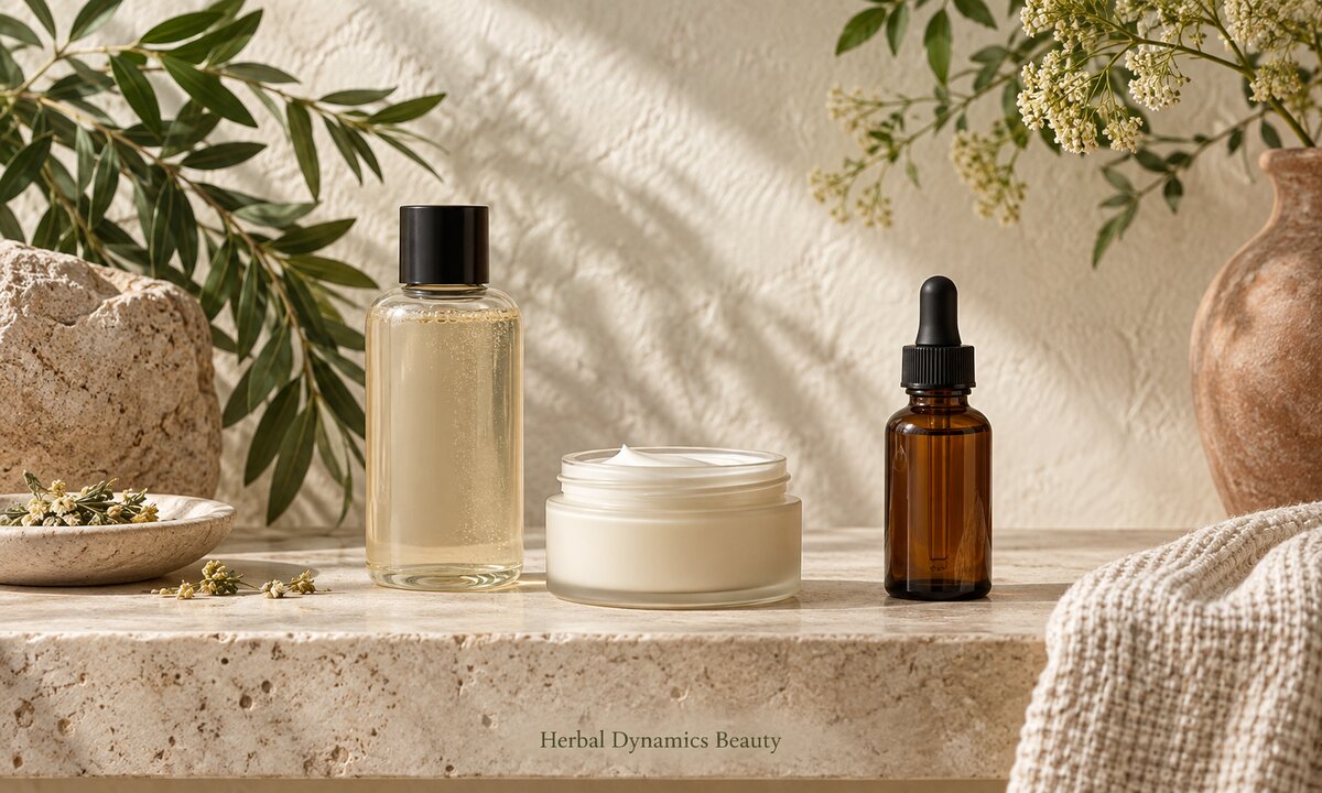 A clear bottle, plain moisturizer jar and amber dropper bottle on a neutral surface with foliage.
