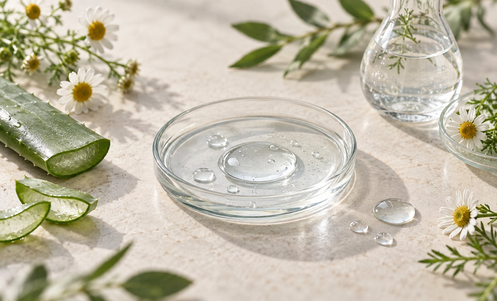 Botanical hyaluronic acid serum textures with aloe and chamomile