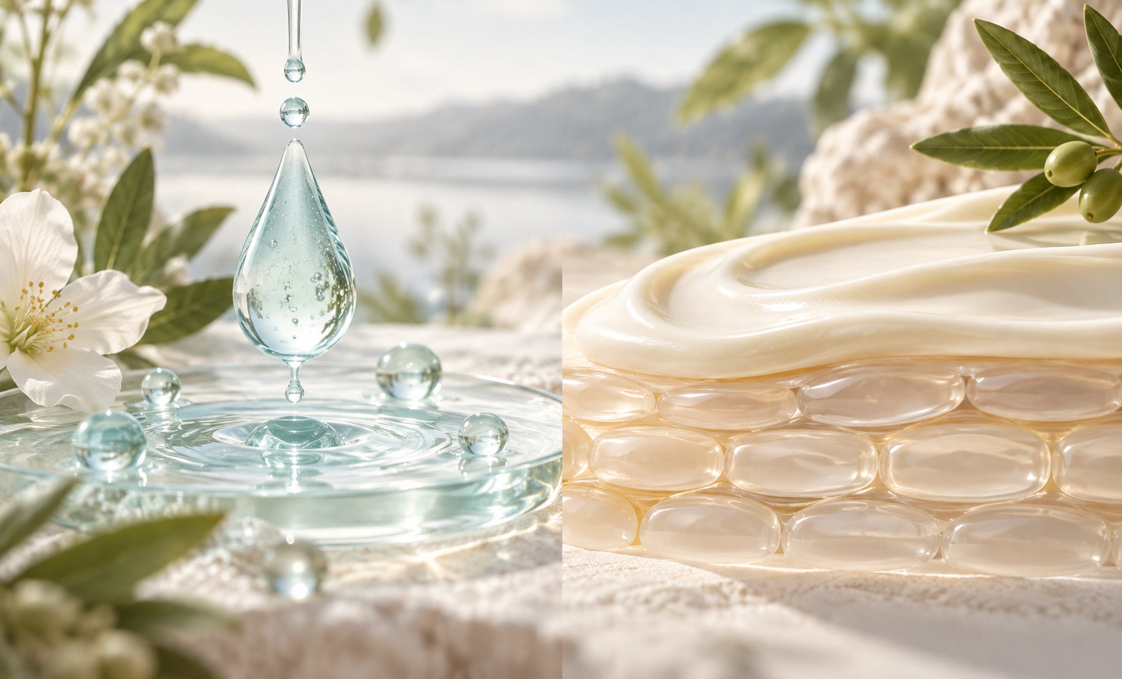 Hyaluronic acid serum and ceramide cream illustrating hydration and barrier support