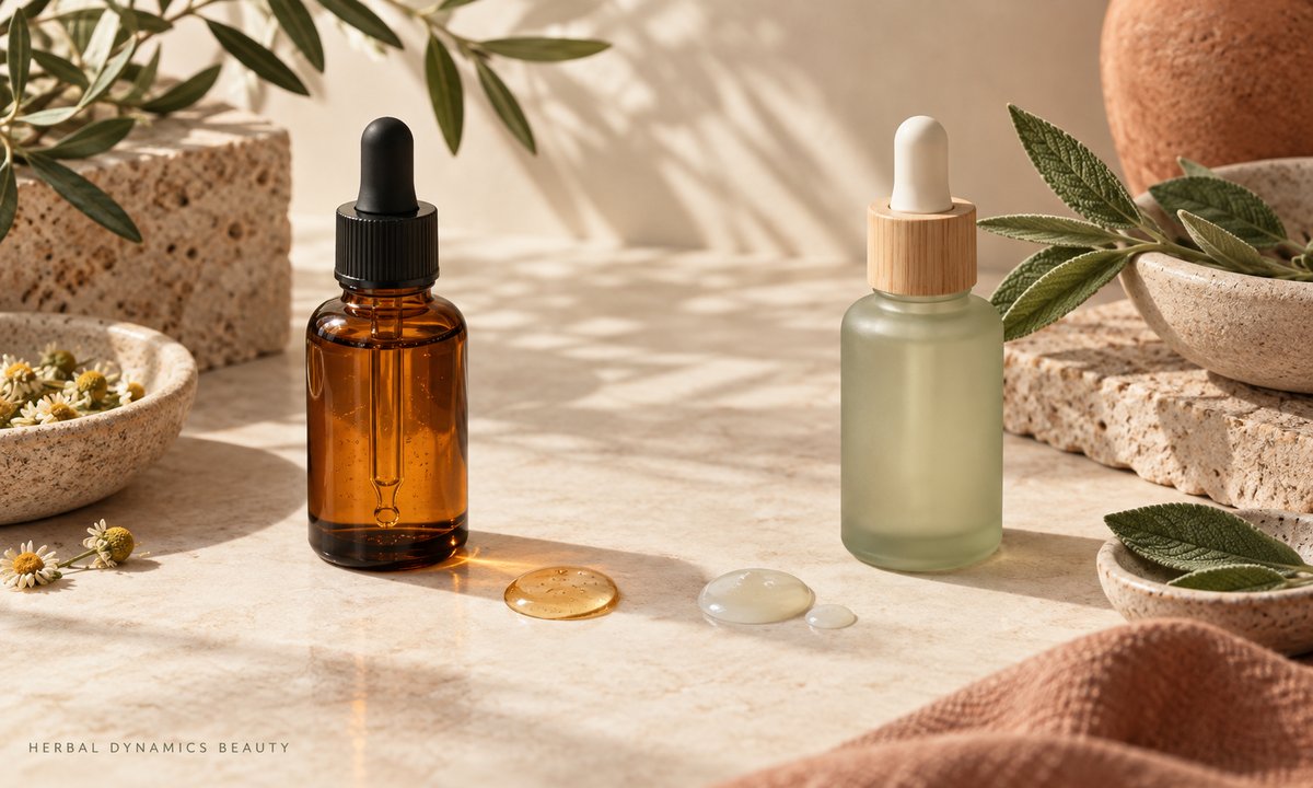 Amber and frosted skincare bottles beside gold gel and white serum drops on a neutral surface.