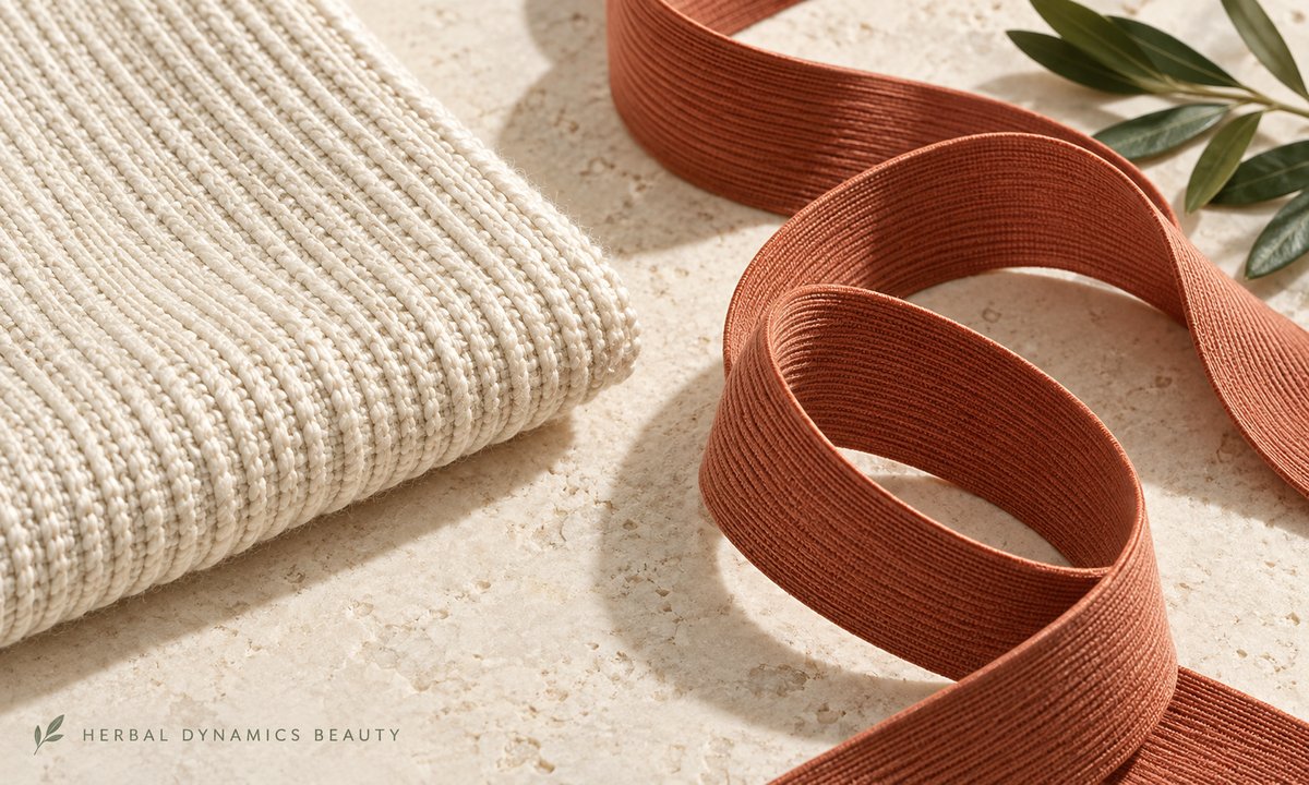 Woven ivory fibers and a terracotta elastic ribbon representing strength and recoil.