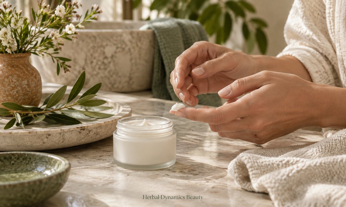 Hands taking a small amount of moisturizer from an unlabeled cream jar.