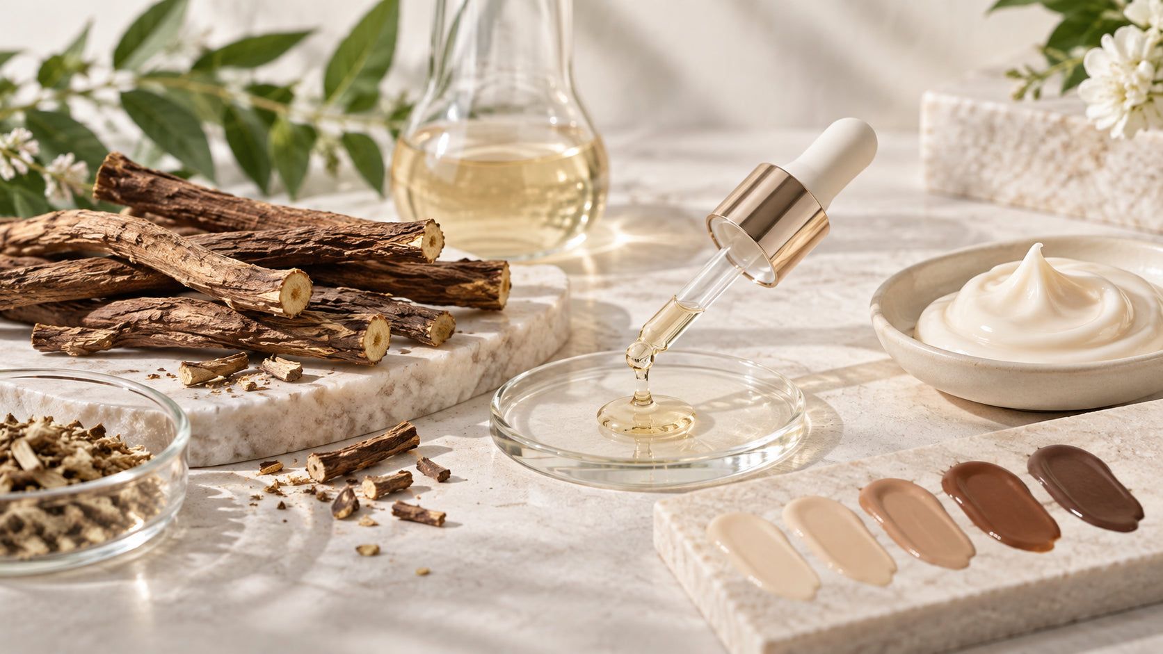 Licorice root extract, serum texture and varied skin-tone swatches