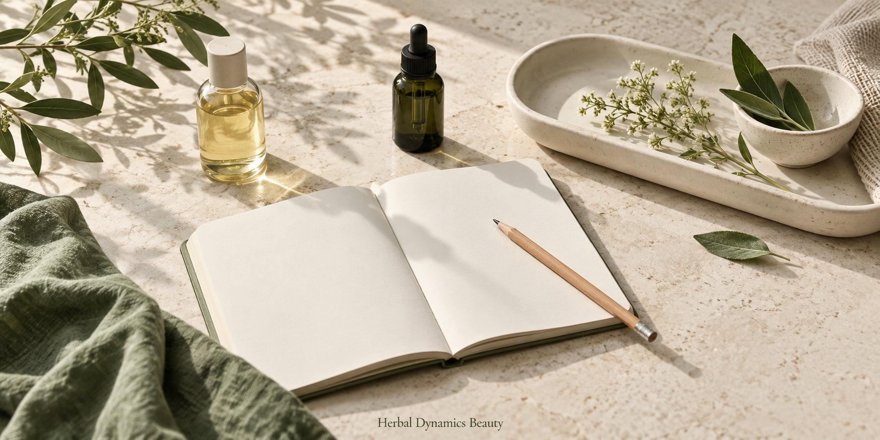 Open notebook beside skincare bottles, illustrating a record of product changes and skin reactions