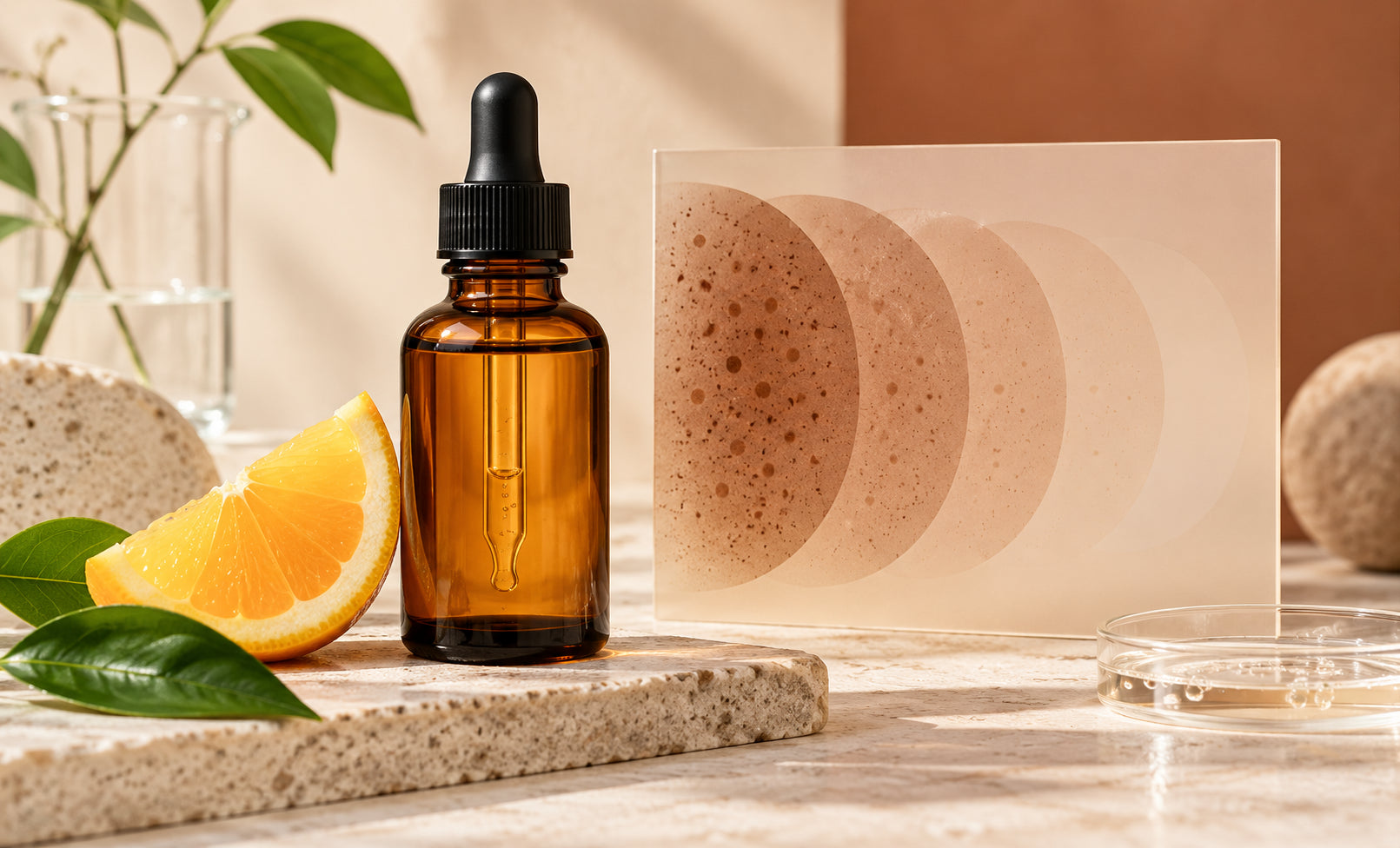 Vitamin C serum beside a gradual skin-tone pigmentation visual