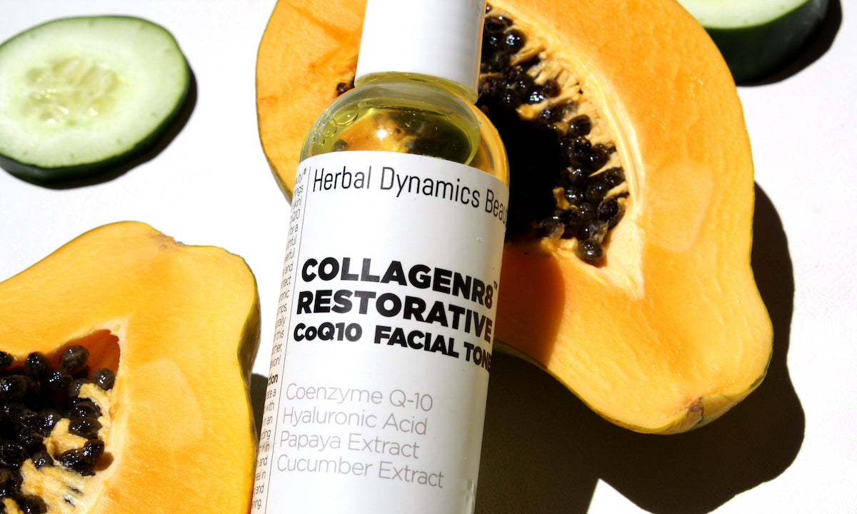 CollagenR8 CoQ10 facial toner with papaya and cucumber slices