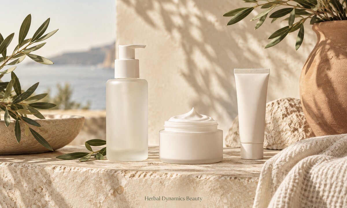 An unlabeled pump bottle, open cream jar and tube on a stone surface beside a towel and foliage.