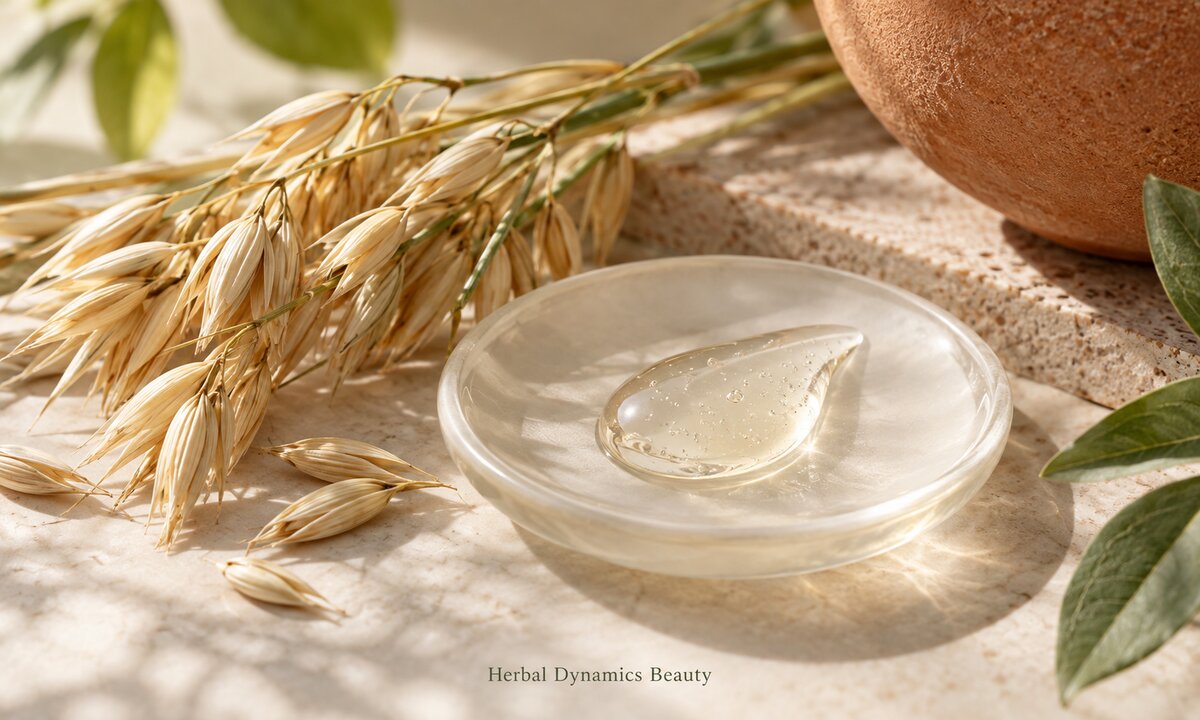 Oat heads beside a glass dish holding clear gel on a stone surface.
