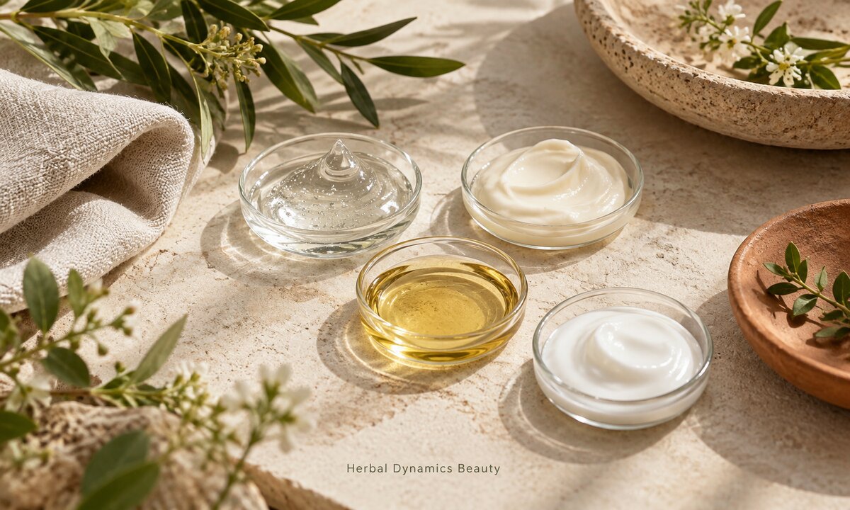 Glass dishes holding clear gel, cream, golden oil and white lotion beside a towel and foliage.