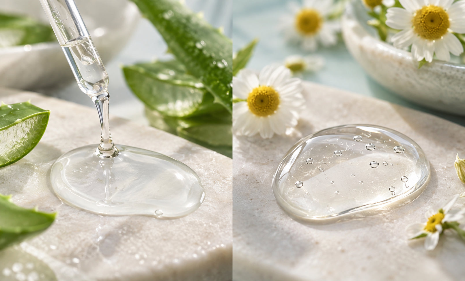 Hyaluronic acid and glycerin humectant textures compared side by side