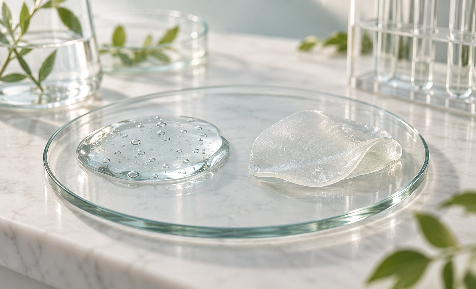 Hyaluronic acid and polyglutamic acid hydrating textures on glass