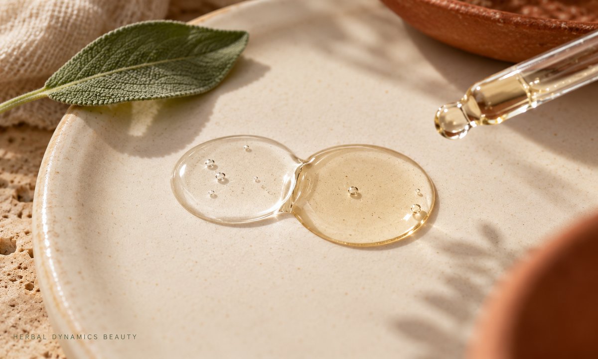 Two serum droplets meeting on a ceramic surface for an ingredient-pairing guide.