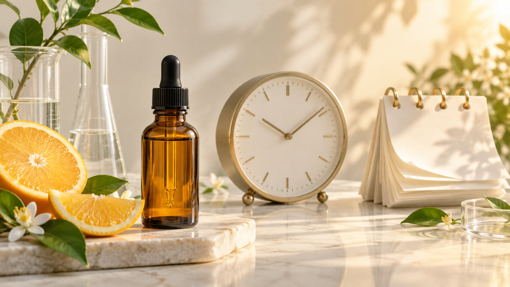 Vitamin C serum beside a clock and calendar representing gradual results