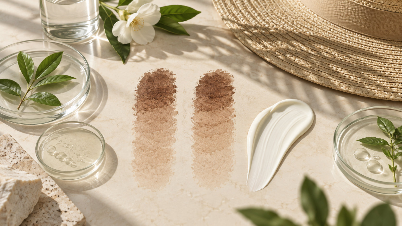 Symmetrical pigment swatches with sunscreen and sun-protection elements