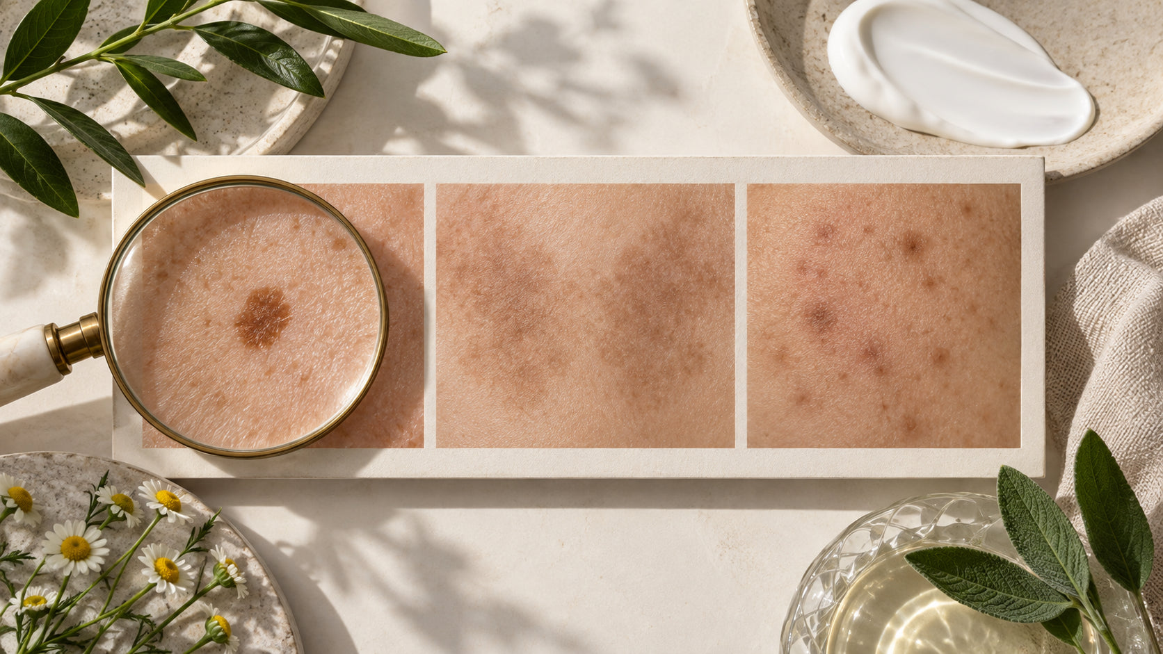 Three pigment patterns representing a sun spot, melasma and post-acne marks