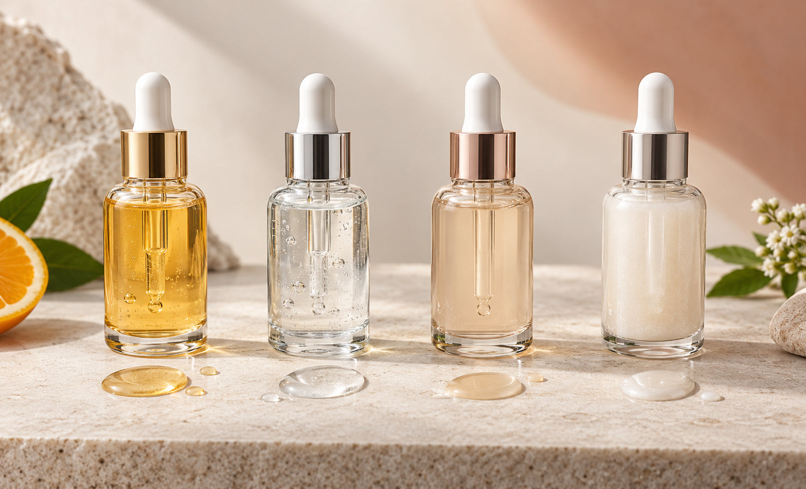 Vitamin C, niacinamide, alpha arbutin and retinoid serum textures compared
